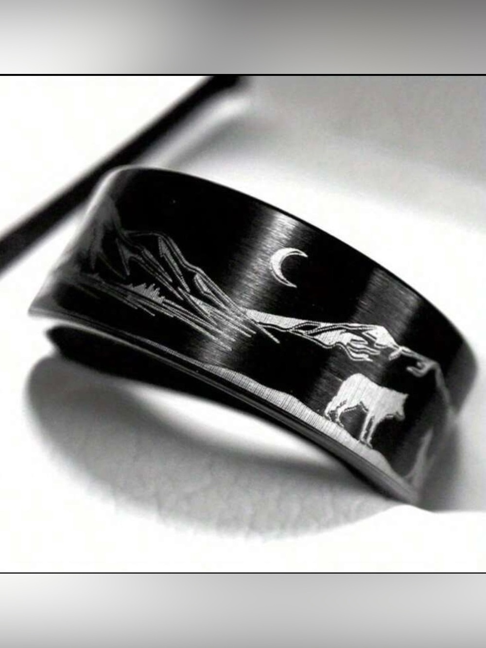 Black Mountain & Wolf Engraved Stainless Steel Ring, Wilderness Ring